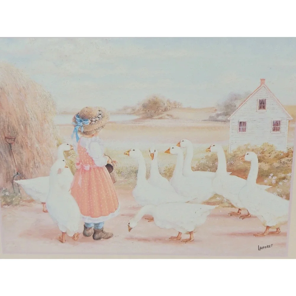 Vintage Jan Handcrafts Laforet Girl with Geese Wood Wall Plaque Country Decor